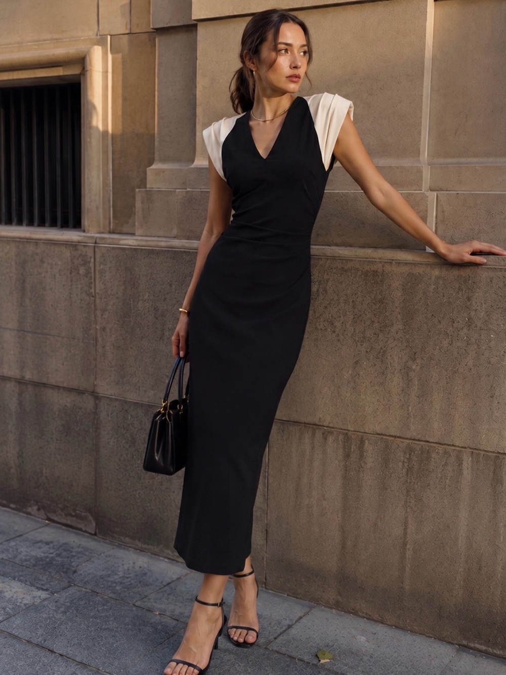 Commense Black Midi Dress with Cream Cap Sleeves